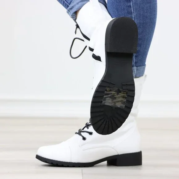 White Synthetic Leather Low Heel Round Toe Above Ankle Combat Boots - Picture 12 of 13